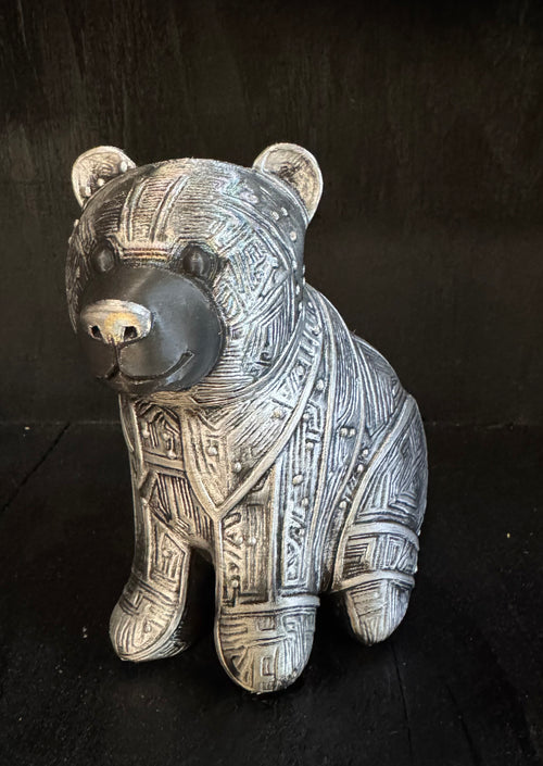 Circuit board bear figurine - front view, metallic silver finish