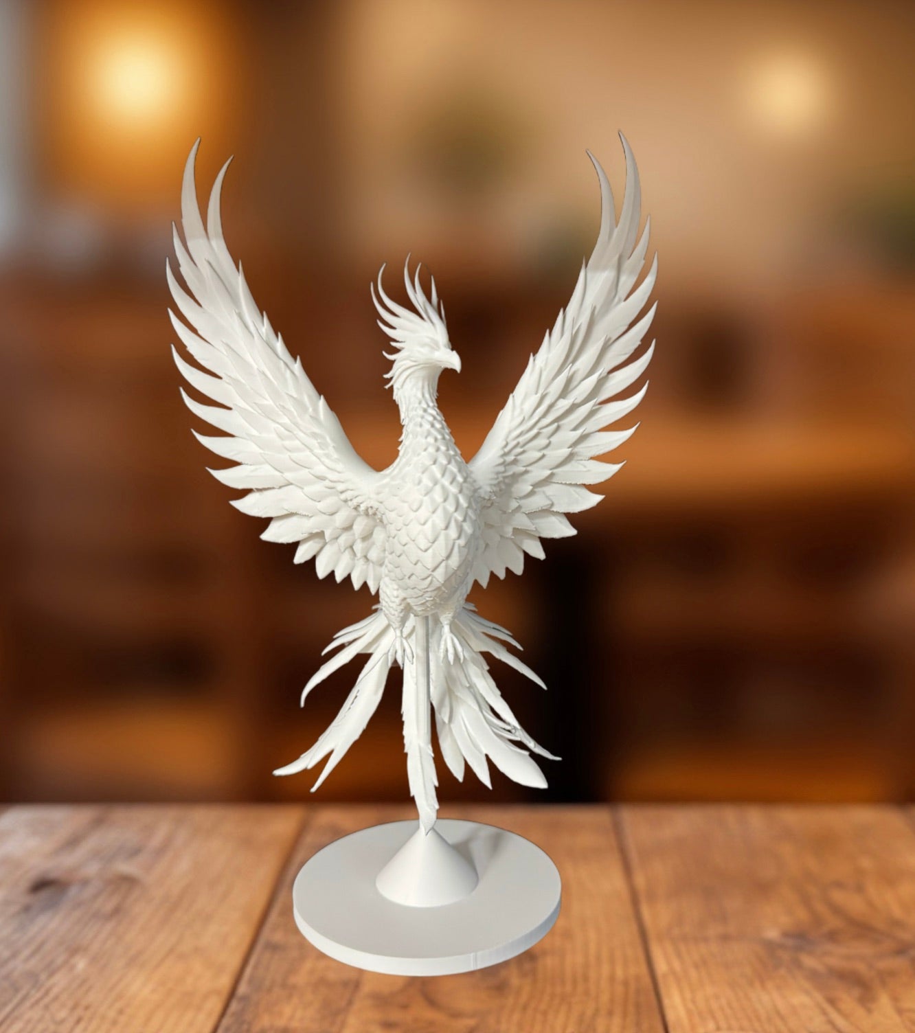 Rising phoenix sculpture in white matte finish with wings spread on round base