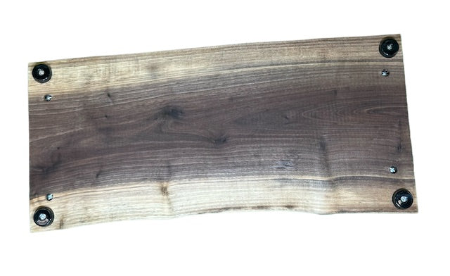 Live edge walnut serving tray, underside showing hardware