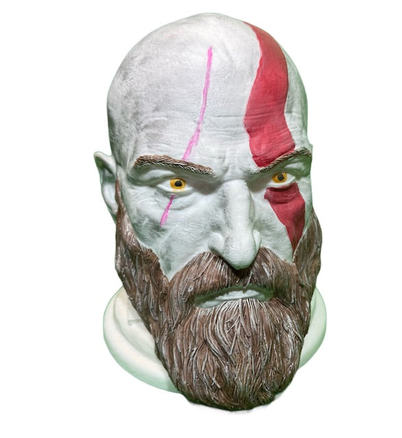 Kratos God of War bust figurine, front view showing red war paint and beard