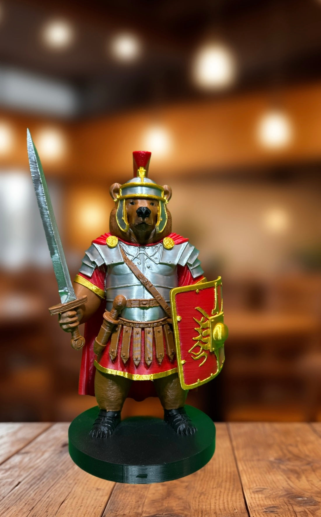 Roman soldier bear figurine front view showing armor, sword and shield
