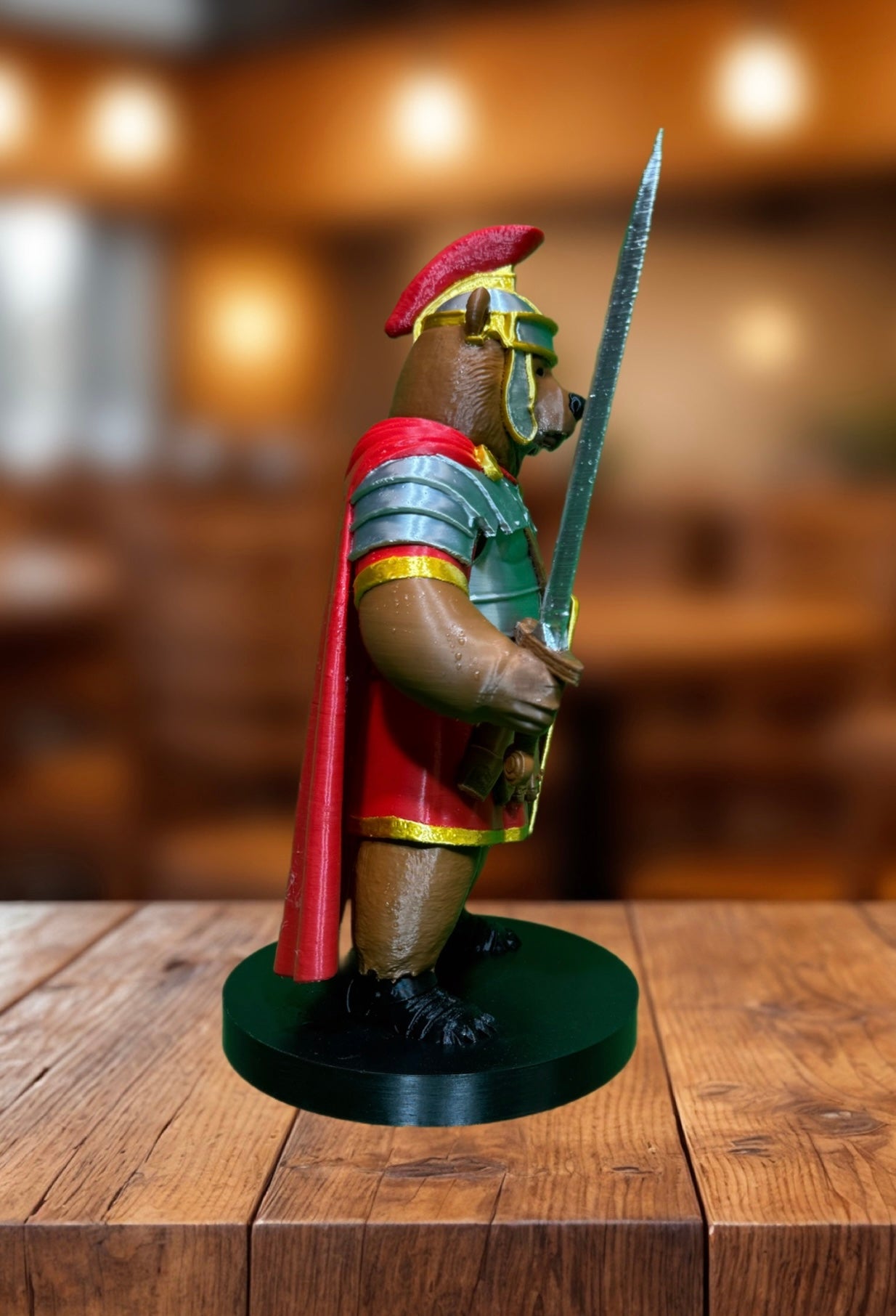 Roman soldier bear figurine back view showing red cape
