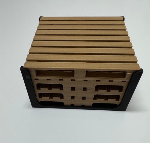3D printed mini pallet coaster set stacked in black metal holder