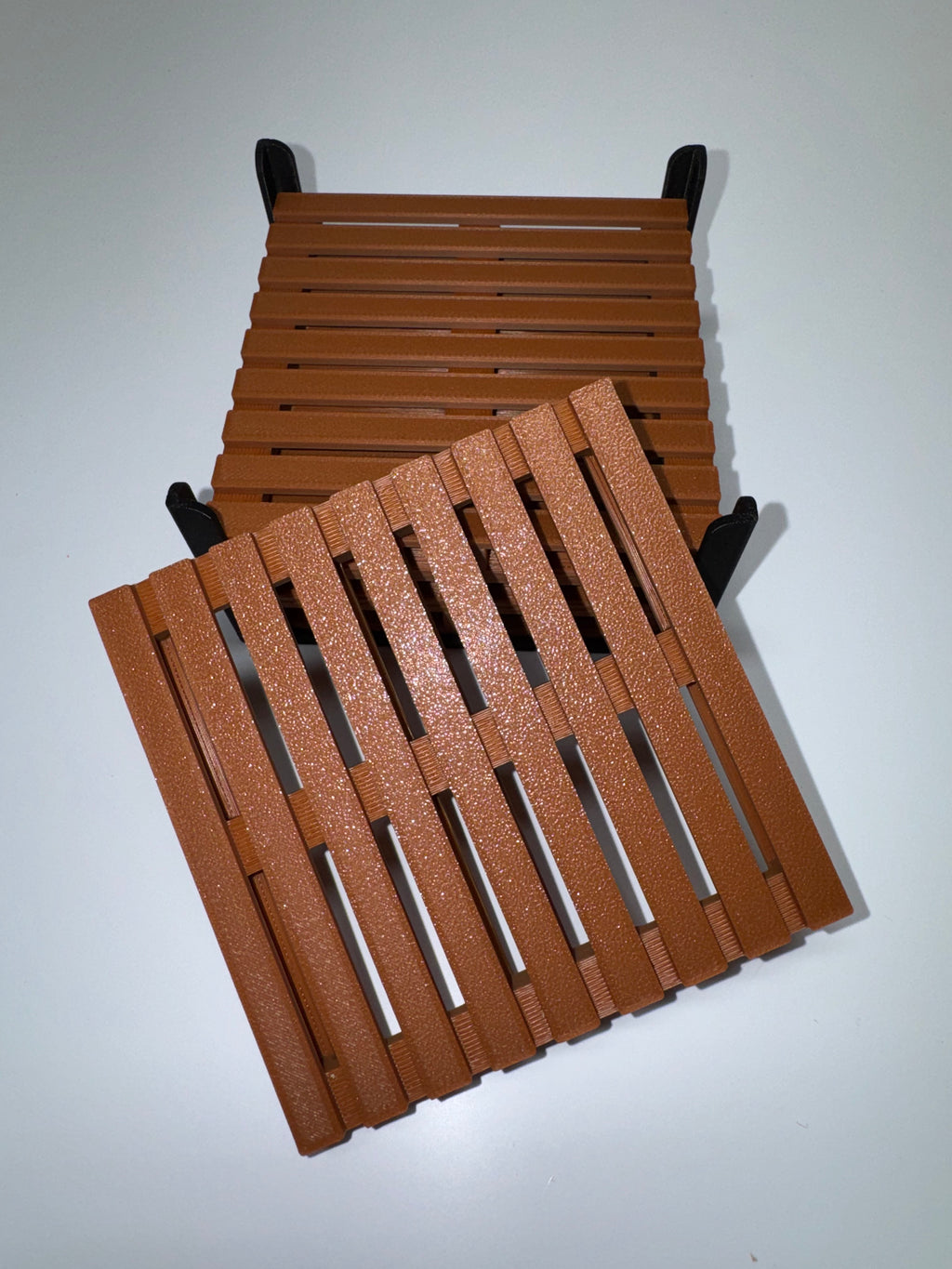 Mini pallet coasters and holder displayed with blue mug on table