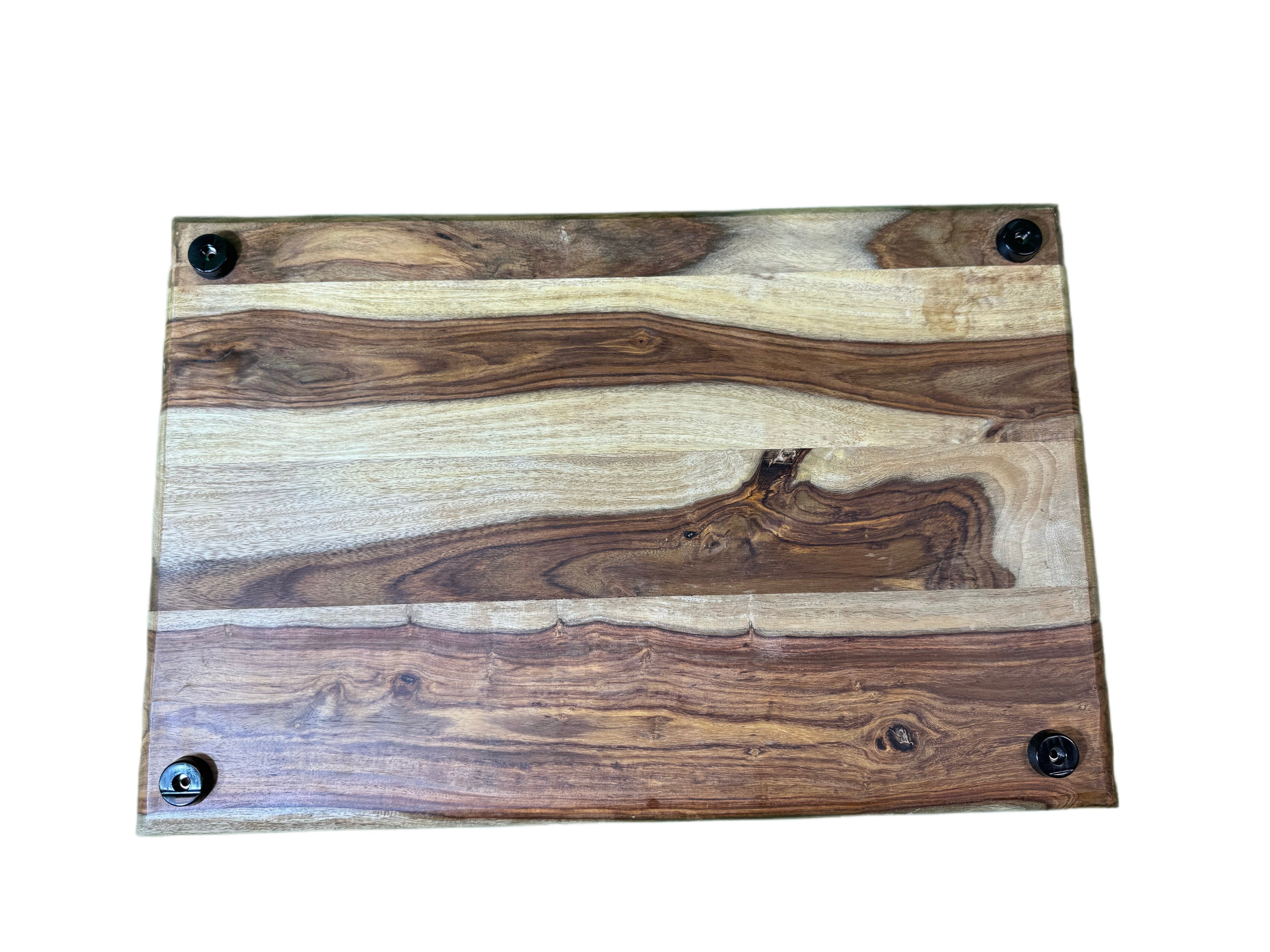 Walnut cutting board bottom view showing non-slip rubber feet