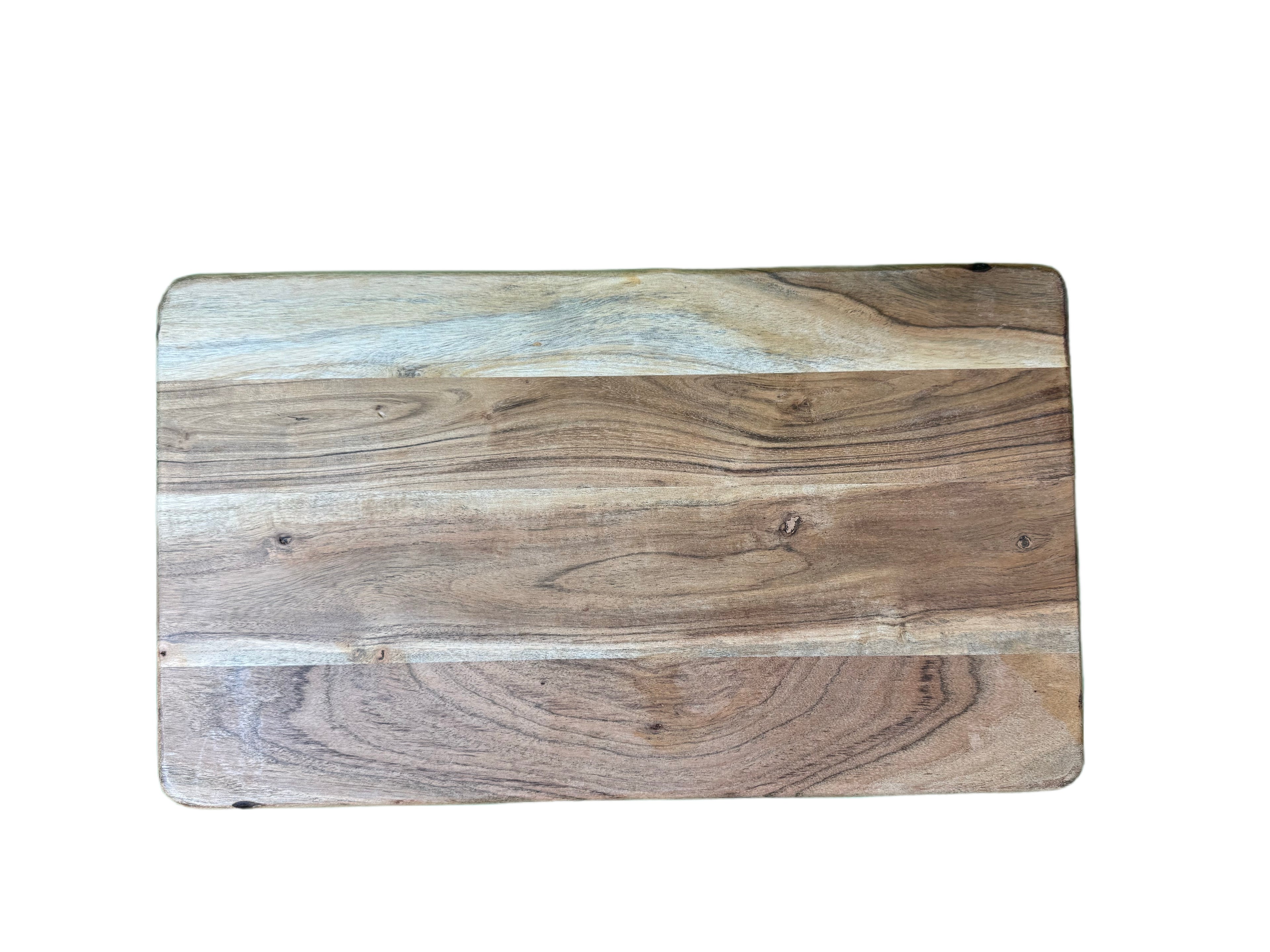Top view of rustic hardwood cutting board showing natural wood grain