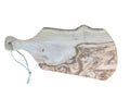 Live-edge olive wood cutting board with rope handle showing natural grain and knot patterns