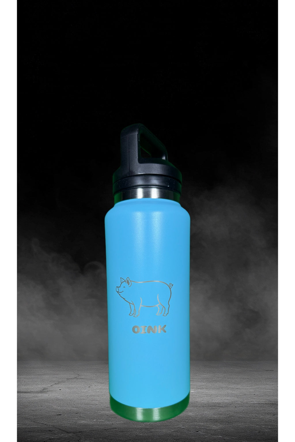 OINK laser-etched 40 oz water bottle in sky blue with straw lid and green accent base