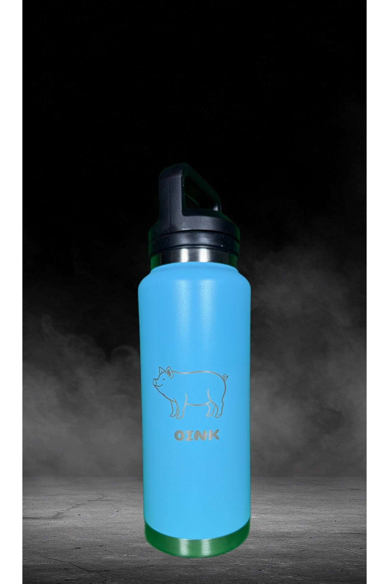 OINK laser-etched 40 oz water bottle in sky blue with straw lid and green accent base
