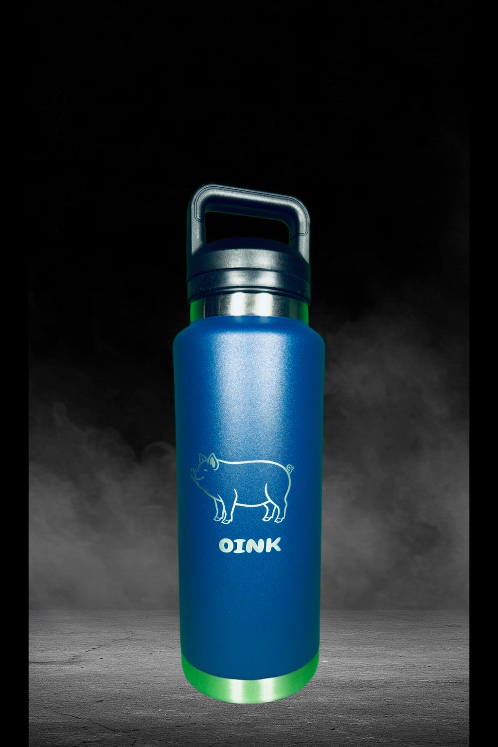 OINK laser-etched 40 oz water bottle in olive green with carry handle lid and green accent base