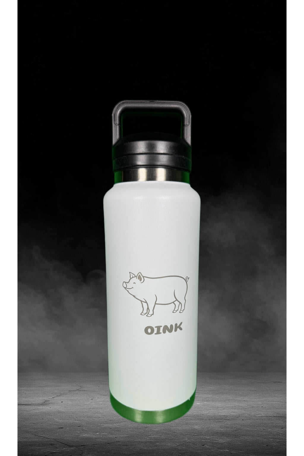 OINK laser-etched 40 oz water bottle in white with carry handle lid and green accent base