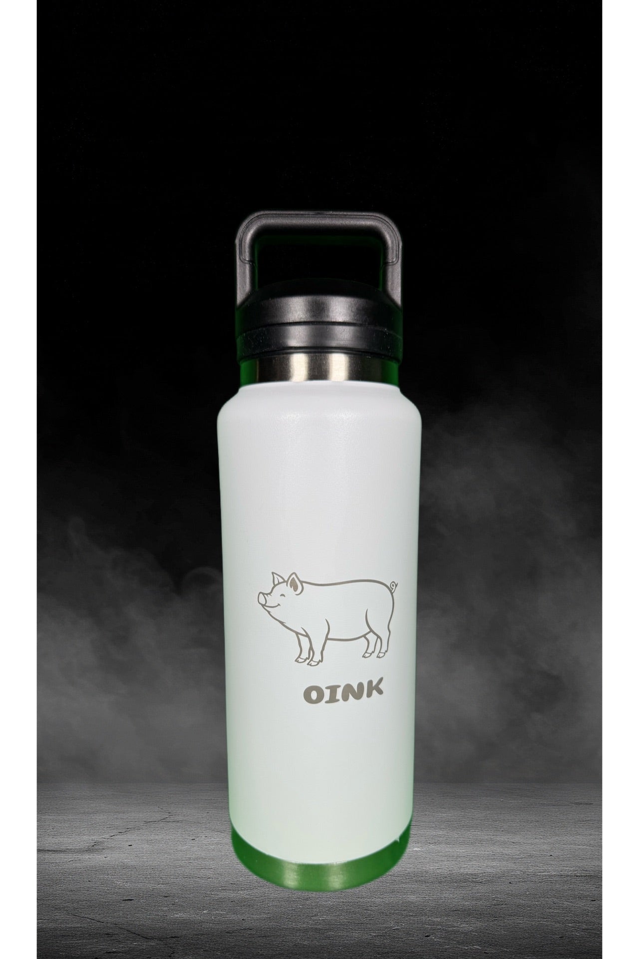 OINK laser-etched 40 oz water bottle in white with carry handle lid and green accent base