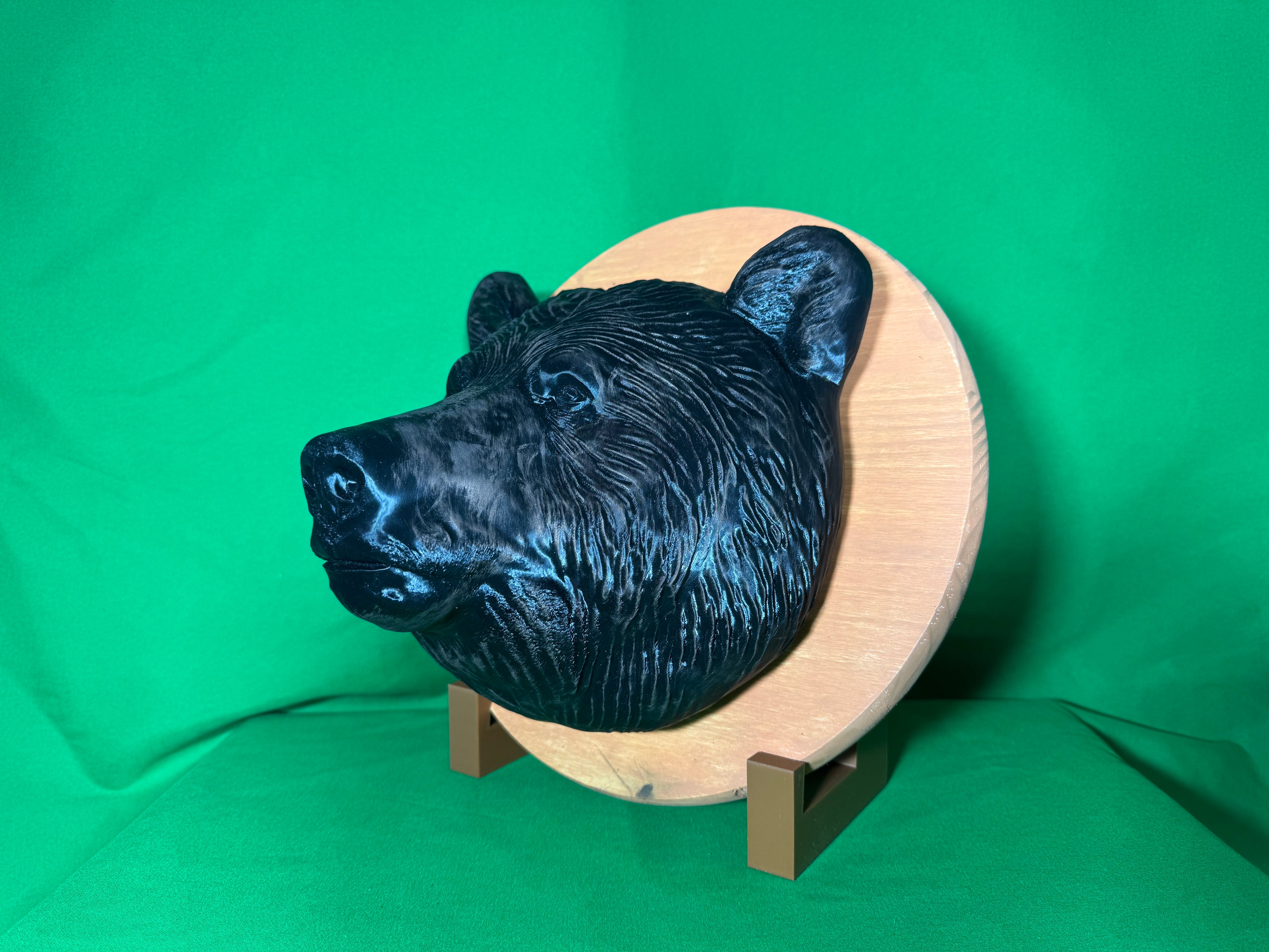 3D Printed Bear Head Wall Hanging with Wooden Round Backplate