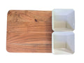 Acacia wood charcuterie board with 2 white ceramic bowls, top view