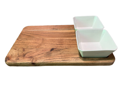 Acacia Wood Charcuterie Board with 2 Ceramic Bowls